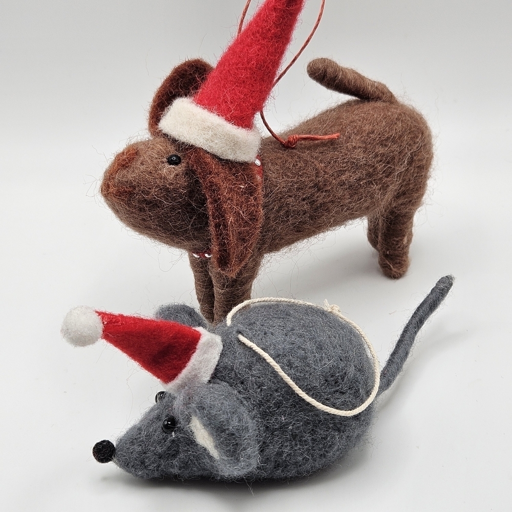 Felted Christmas Holiday Mouse and Dog Ornaments Sant Hats